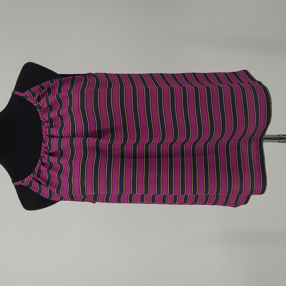 Ann Taylor LOFT Womens Small Sleeveless Blouse Magenta Navy Gold Striped Top